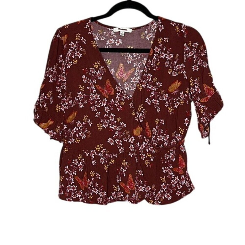 Madewell Butterfly Floral Wrap Top Size 4 Ruffle Hem Short Sleeve